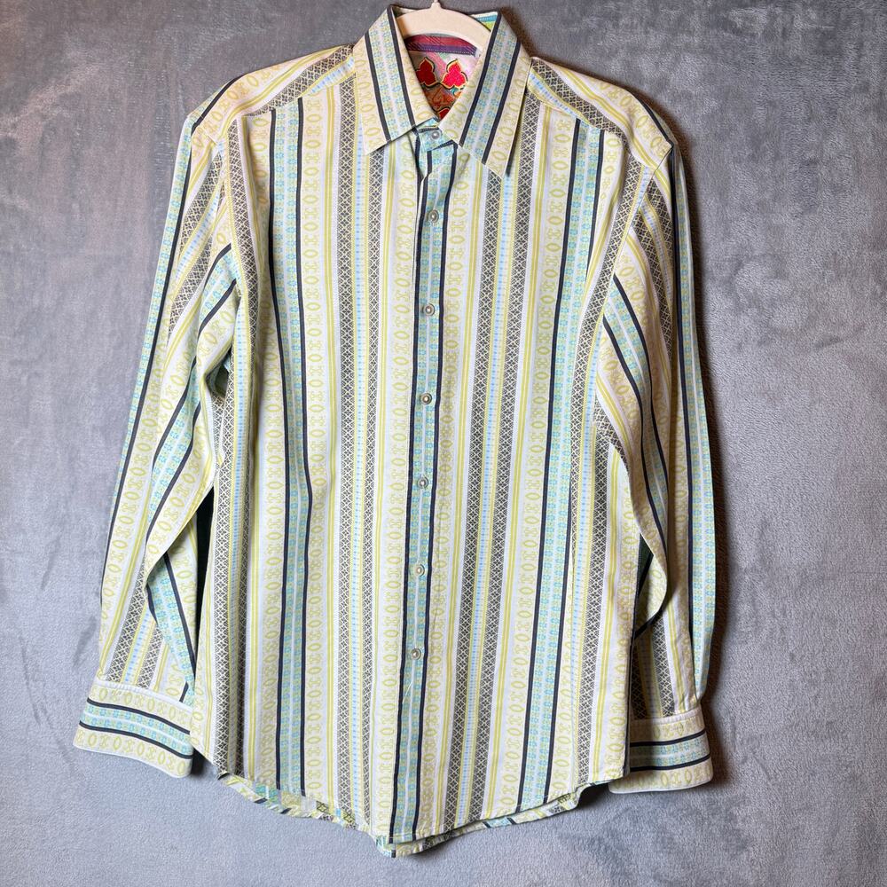 Robert Graham Mens Multicolor Striped Shirt Embroidered Collar Medium